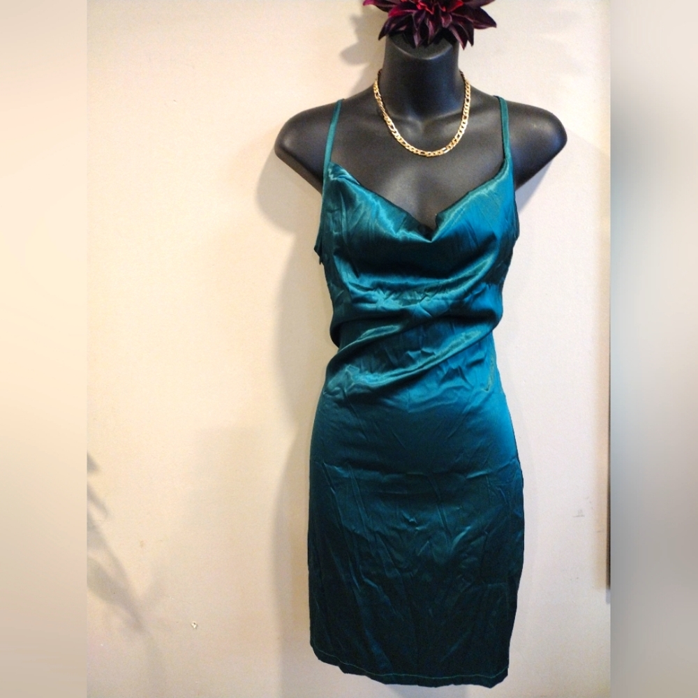 Satin Silky SheIn Emerald Green Slip Dress Cowl Neck